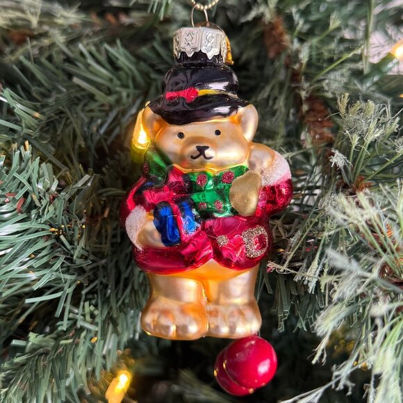 Vintage Thomas Pacconi Christmas Bear Ornament  Hand-Blown Glass  Adorned With G - Picture 1 of 5